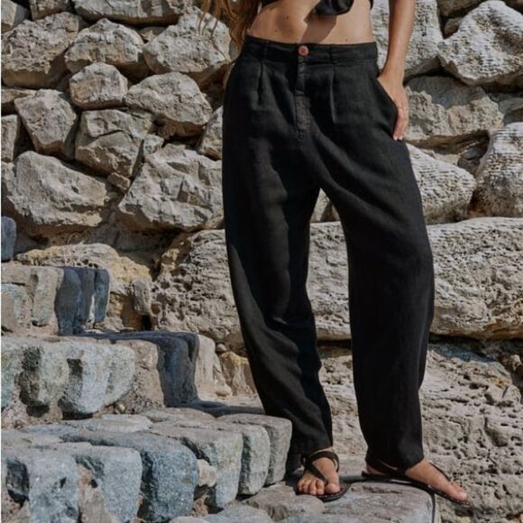 ZARA 100% LINEN DARTED LINEN PANTS BLACK XS S M NWT - Picture 2 of 4